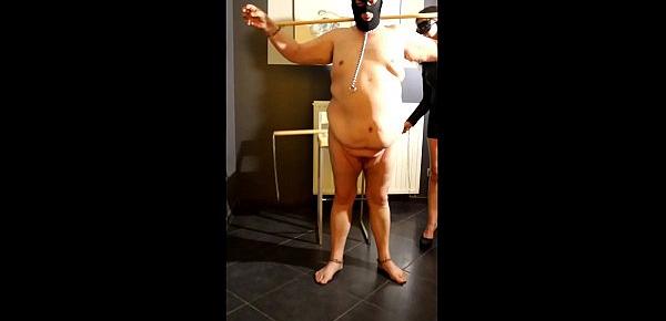  I hit my slave with clothespins applied to his fat body and small dick